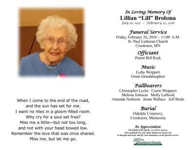Lillian Brolsma Memorial Folder