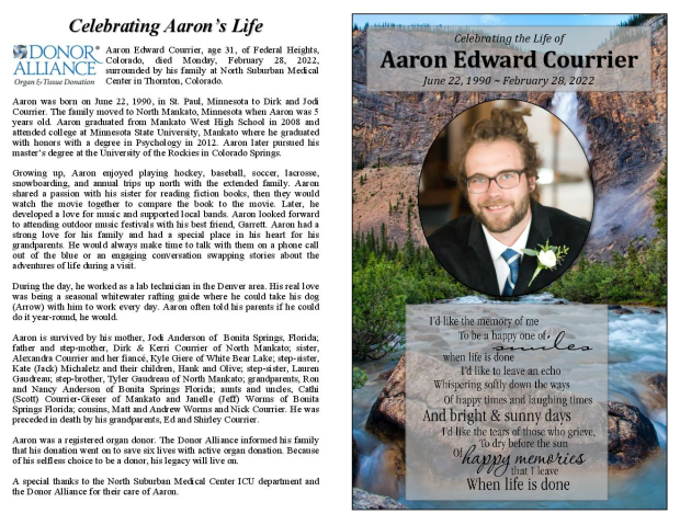 Aaron Courrier Memorial Folder