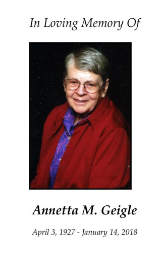 Annetta Geigle Memorial Folder